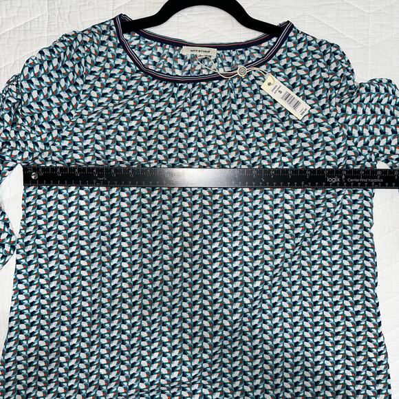 Max Studio Ruched Sleeve Chiffon Blouse Geometric Print Navy Ivory Size S - Picture 10 of 10